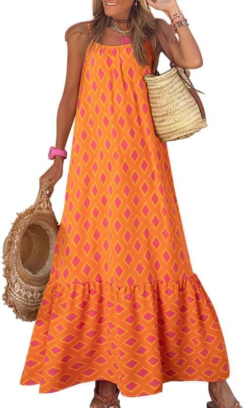 Saonta  Women Summer Dresses 2024 Spaghetti Strap Scoop Neck Smocked Ruffle Flowy Boho Maxi Dress