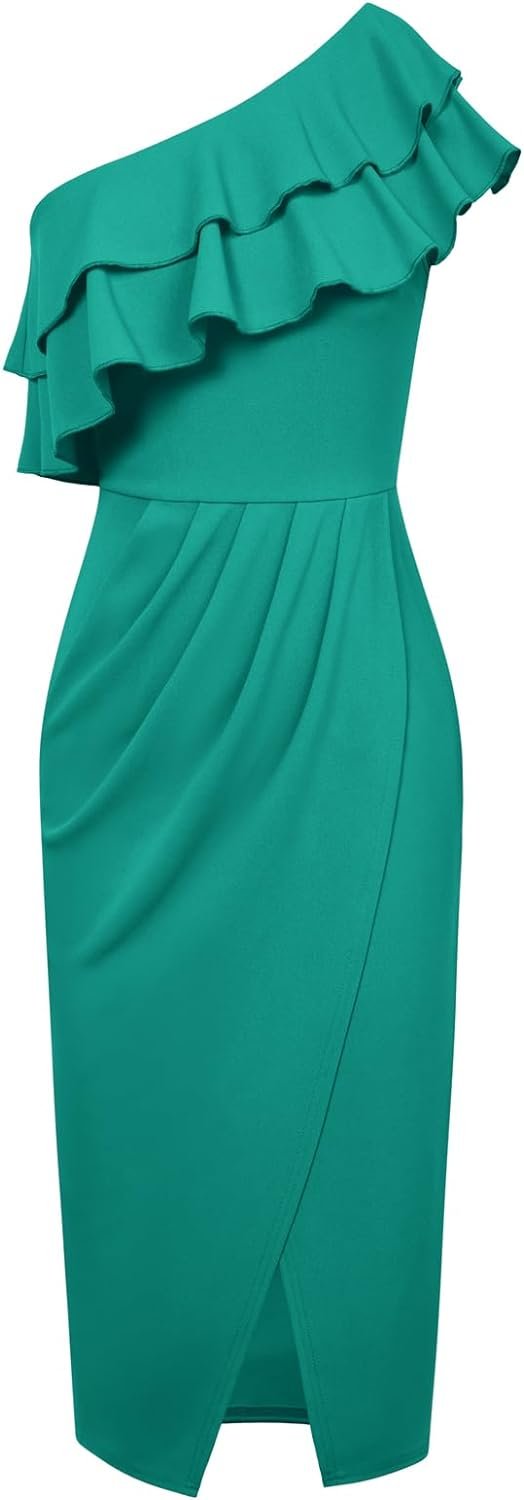 Saonta  KARIN Women's One Shoulder Cocktail Dress Sleeveless Sexy Ruched Bodycon Layered Ruffle Slit Party Midi Dresses