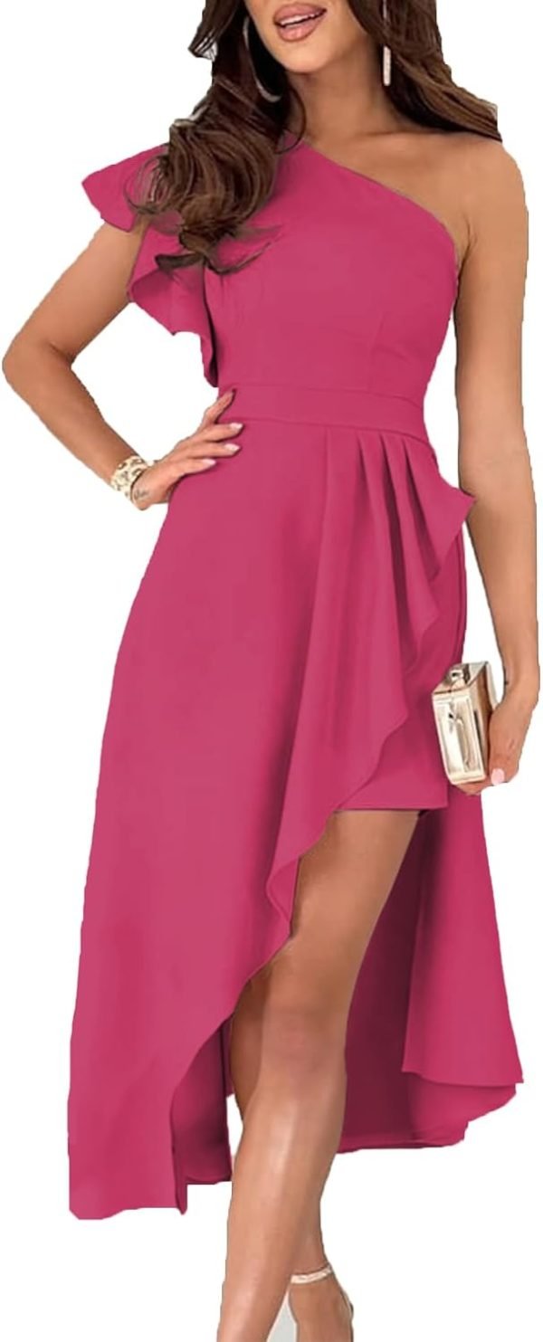 Saonta  Womens One Shoulder Sleeveless Ruffle Empire Waist Asymmetrical High-Low Bodycon Formal Wedding Guest Midi Dresses