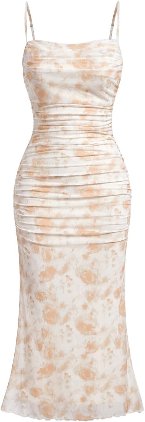 Saonta  Women's Floral Ruched Bodycon Midi Dress Mesh Sleeveless Fishtail Cami Dresses