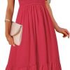 Saonta  Women's Summer Casual V Neck Ruffle Sleeve Smocked High Waist Midi Dress with Pockets