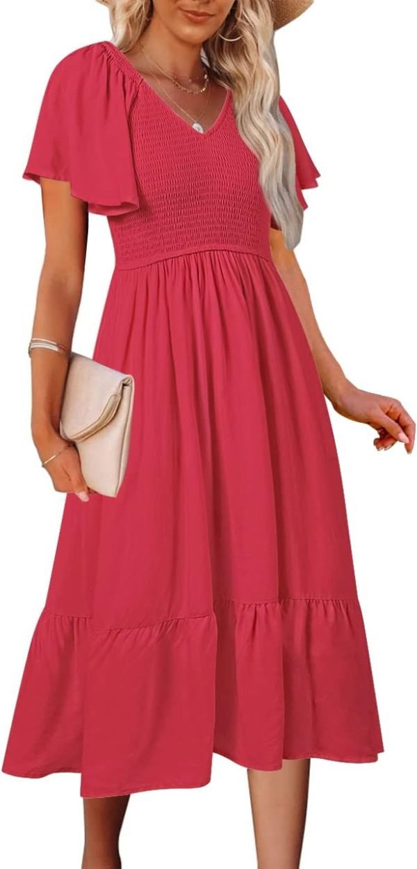 Saonta  Women's Summer Casual V Neck Ruffle Sleeve Smocked High Waist Midi Dress with Pockets