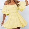 Saonta  Womens Off The Shoulder Summer Dresses 2024 Short Lantern Sleeve Ruffle Elastic Waist A-Line Casual Mini Dress