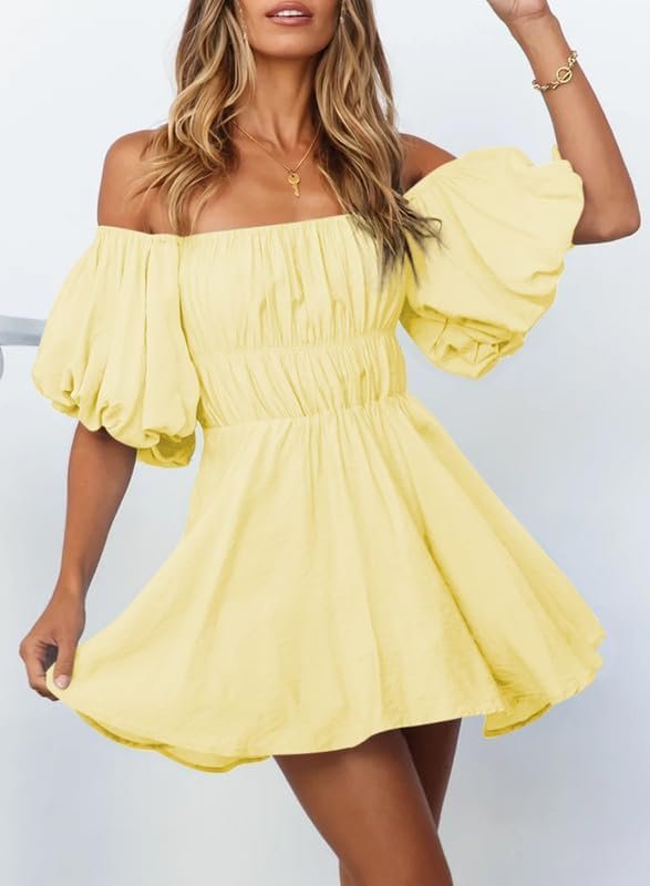 Saonta  Womens Off The Shoulder Summer Dresses 2024 Short Lantern Sleeve Ruffle Elastic Waist A-Line Casual Mini Dress