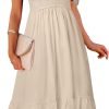 Saonta  Women's Summer Casual V Neck Ruffle Sleeve Smocked High Waist Midi Dress with Pockets
