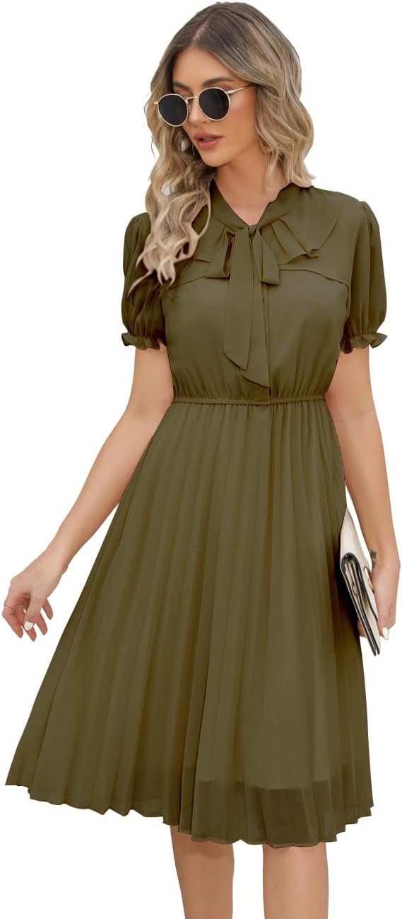 Saonta  Work Dresses for Women 2023 Long Sleeves Chiffon Black Dress Retro Pleated Buttons Down Bow Tie Loose Causal Dresses