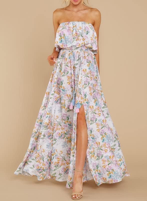 Saonta  Womens Strapless Dresses Casual Summer High Waist Side Split Flowy Boho Maxi Dress