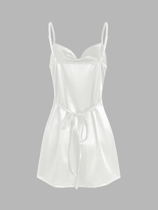 Saonta  Women's Satin Sleeveless Spaghetti Strap Mini Dress Sexy Slip Cowl Neck Silky Cocktail Party Dresses(White-F, M)