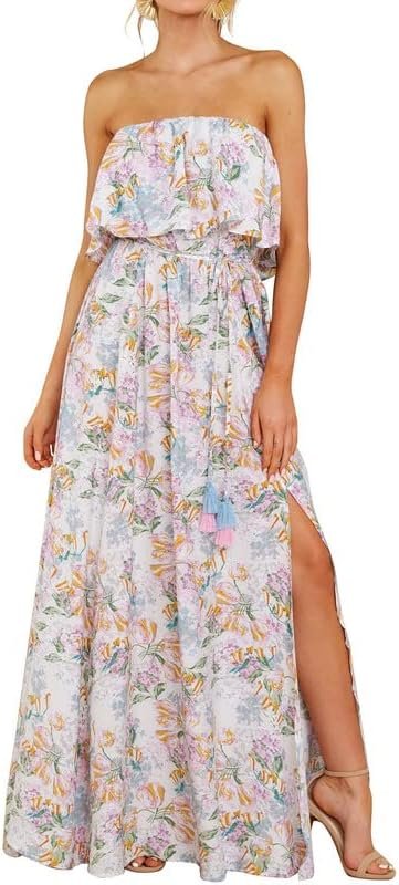 Saonta  Womens Strapless Dresses Casual Summer High Waist Side Split Flowy Boho Maxi Dress