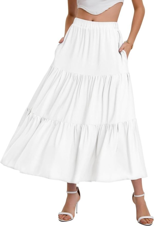 Saonta  Women??s Summer Boho Elastic Waist A-Line Beach Flowy Swing Ruffle Hem Tiered Maxi Skirt with Pockets