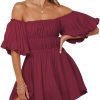 Saonta  Womens Off The Shoulder Summer Dresses 2024 Short Lantern Sleeve Ruffle Elastic Waist A-Line Casual Mini Dress