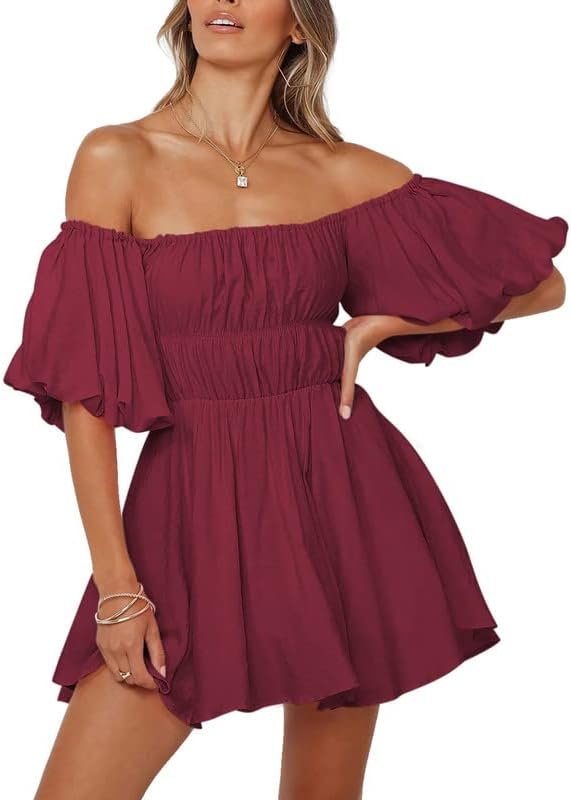 Saonta  Womens Off The Shoulder Summer Dresses 2024 Short Lantern Sleeve Ruffle Elastic Waist A-Line Casual Mini Dress