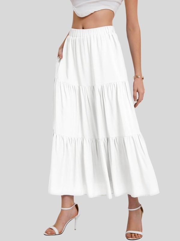 Saonta  Women??s Summer Boho Elastic Waist A-Line Beach Flowy Swing Ruffle Hem Tiered Maxi Skirt with Pockets