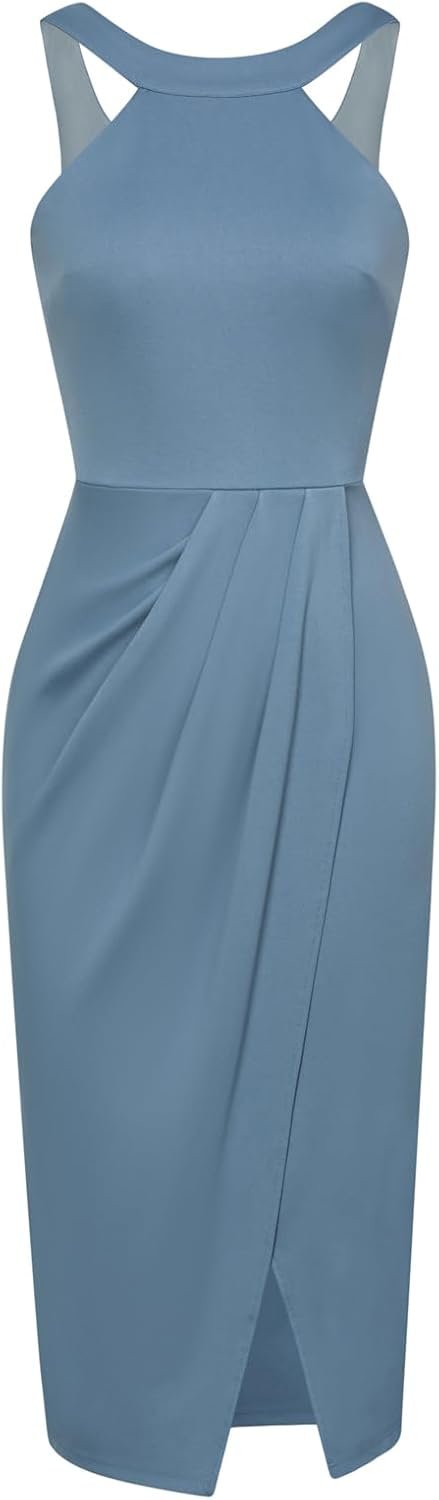 Saonta  KARIN Women's Halterneck Sleeveless Ruched Bodycon Slit Wrap Party Cocktail Midi Dress