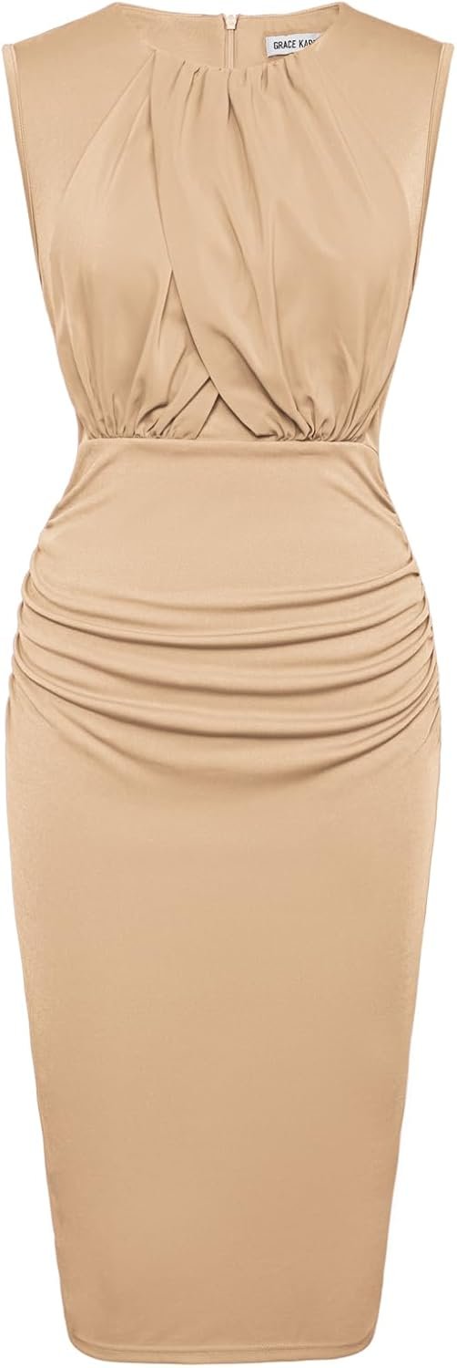 Saonta  Women's Ruched Bodycon Dress Summer Sleeveless Front Drape Patchwork Crew Neck Midi Cocktail Dress