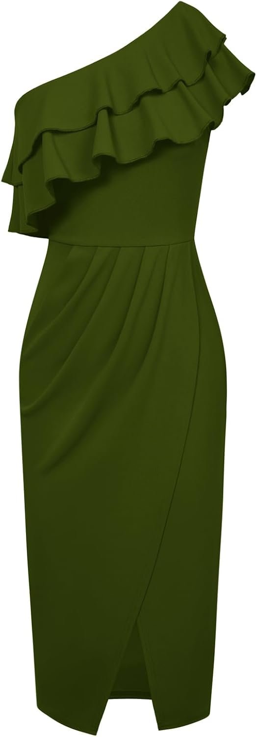 Saonta  KARIN Women's One Shoulder Cocktail Dress Sleeveless Sexy Ruched Bodycon Layered Ruffle Slit Party Midi Dresses