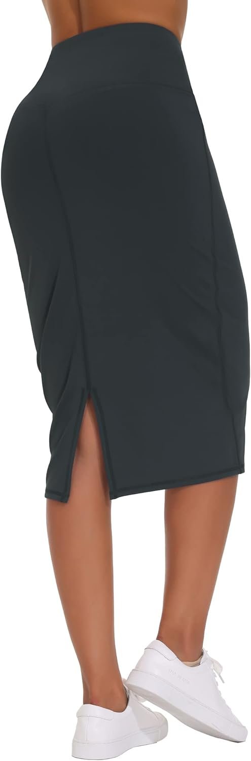 Saonta E Women's High Waist Tummy Control Pencil Skirts Stretchy Bodycon Midi Skirt below Knee with Back Slit
