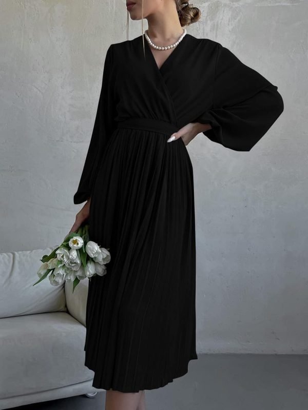 Saonta  Womens V Neck Flowy Ruffle Pleated Casual Fall Dress