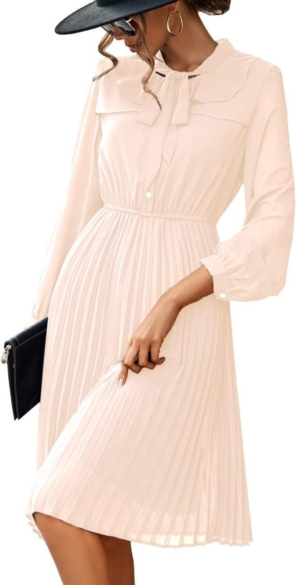 Saonta  Work Dresses for Women 2023 Long Sleeves Chiffon Black Dress Retro Pleated Buttons Down Bow Tie Loose Causal Dresses