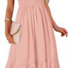Saonta  Women's Summer Casual V Neck Ruffle Sleeve Smocked High Waist Midi Dress with Pockets