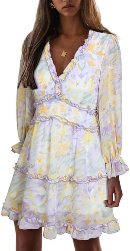 Saonta  Womens 2024 Spring Summer Deep V Neck Ruffle Floral Flowy Mini Dress