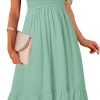 Saonta  Women's Summer Casual V Neck Ruffle Sleeve Smocked High Waist Midi Dress with Pockets