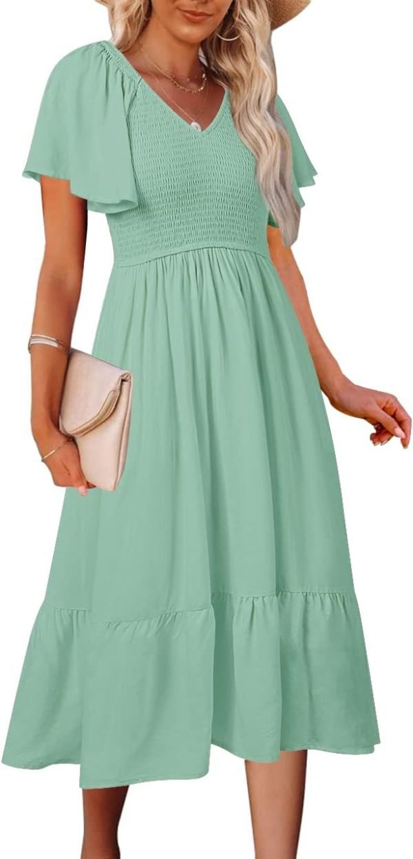 Saonta  Women's Summer Casual V Neck Ruffle Sleeve Smocked High Waist Midi Dress with Pockets
