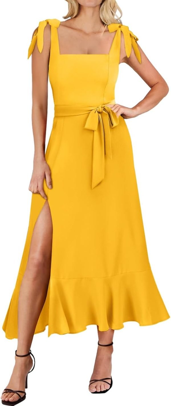 Saonta  Women's Square Neck Ruffle Split Midi Elegant Formal Wedding Guest Cocktail Bridesmaid Graduation Party Dresses 2024