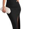 Saonta  Women's Cap Sleeve Mock Neck Midi Dress High Slit Bodycon Ruched Sexy Cocktail Party Dresses