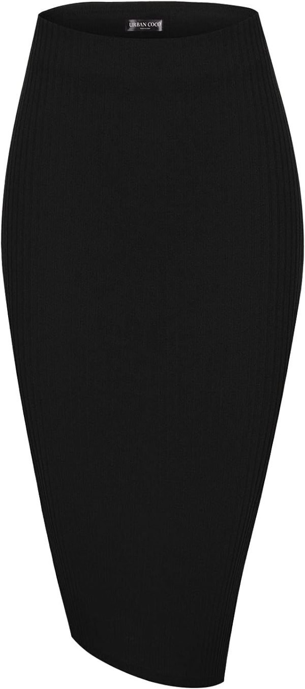 Saonta  Elastic High Waist Knee Length Pencil Skirt Ribbed Knit Basic Tube Midi Skirt
