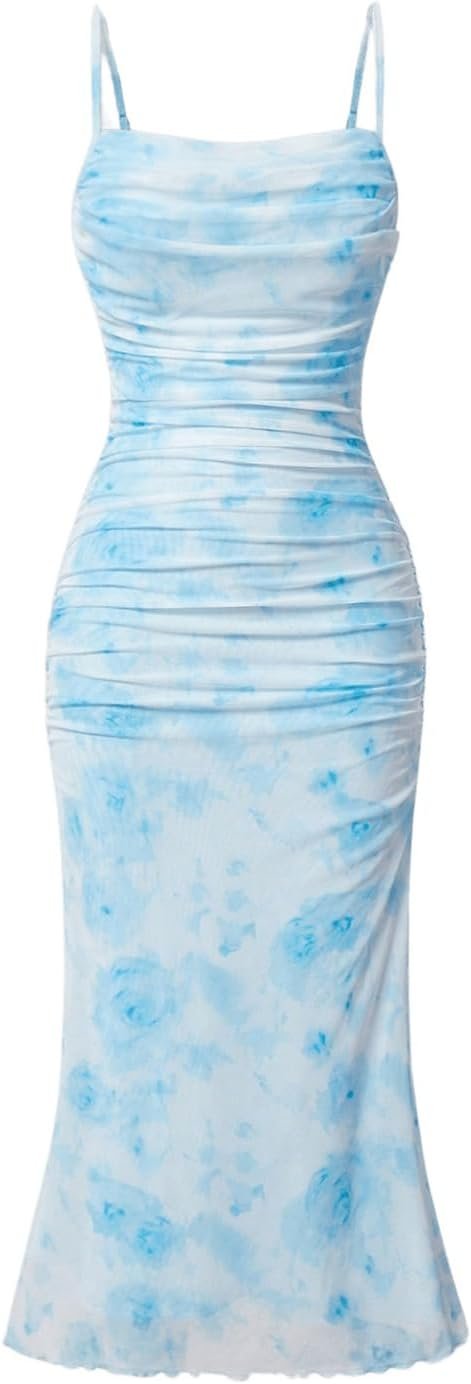 Saonta  Women's Floral Ruched Bodycon Midi Dress Mesh Sleeveless Fishtail Cami Dresses