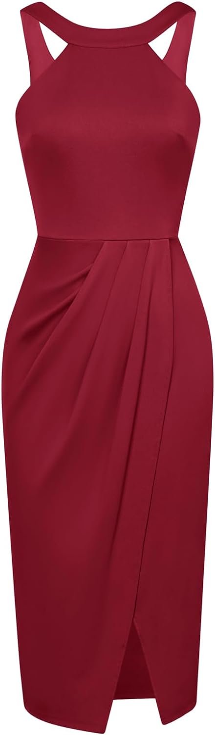 Saonta  KARIN Women's Halterneck Sleeveless Ruched Bodycon Slit Wrap Party Cocktail Midi Dress