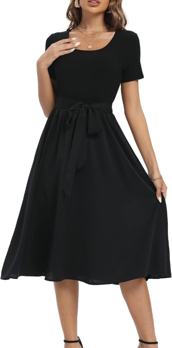 Saonta  Summer Dresses for Women 2024 Short Sleeve Elastic Waist Casual Dresses Ribbed Floral Work Midi Dress with Pockets