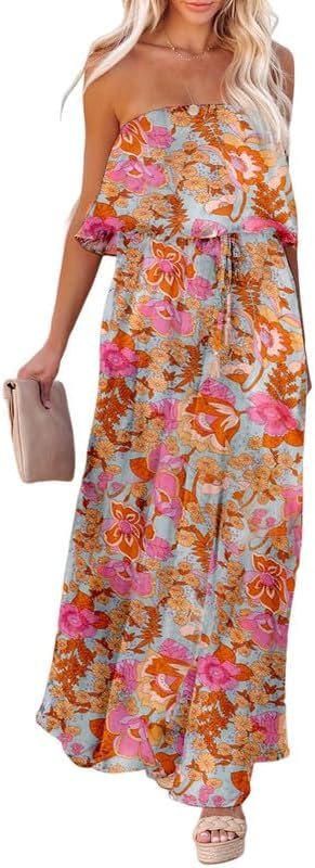 Saonta  Womens Strapless Dresses Casual Summer High Waist Side Split Flowy Boho Maxi Dress