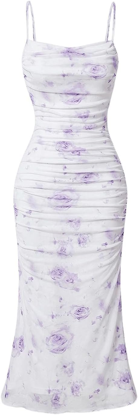 Saonta  Women's Floral Ruched Bodycon Midi Dress Mesh Sleeveless Fishtail Cami Dresses