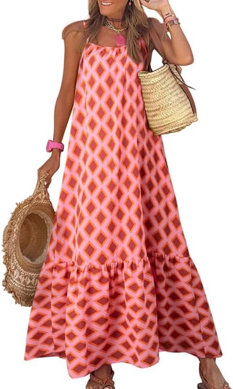 Saonta  Women Summer Dresses 2024 Spaghetti Strap Scoop Neck Smocked Ruffle Flowy Boho Maxi Dress