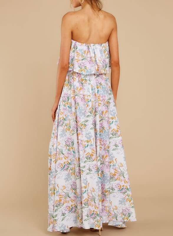 Saonta  Womens Strapless Dresses Casual Summer High Waist Side Split Flowy Boho Maxi Dress