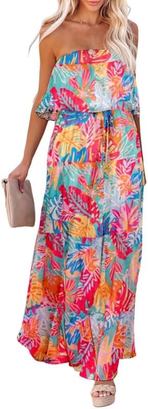 Saonta  Womens Strapless Dresses Casual Summer High Waist Side Split Flowy Boho Maxi Dress