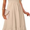 Saonta  Women's Summer Casual V Neck Ruffle Sleeve Smocked High Waist Midi Dress with Pockets