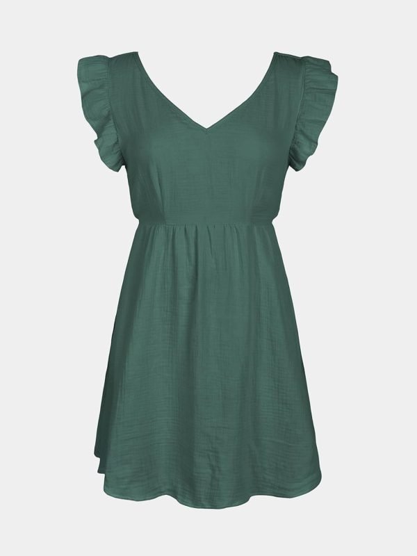 Saonta  Women's Mini Dress V Neck Flutter Sleeve Cotton Self Tie Back A Line Short Summer Cover Up Dress