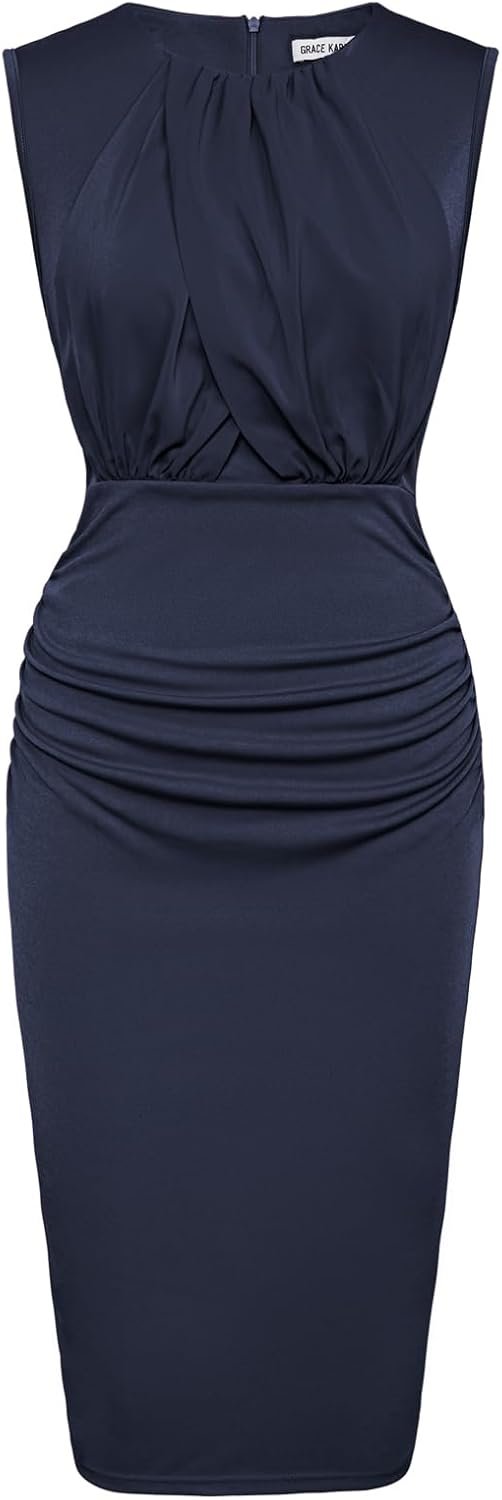 Saonta  Women's Ruched Bodycon Dress Summer Sleeveless Front Drape Patchwork Crew Neck Midi Cocktail Dress