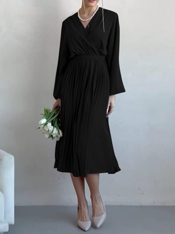 Saonta  Womens V Neck Flowy Ruffle Pleated Casual Fall Dress