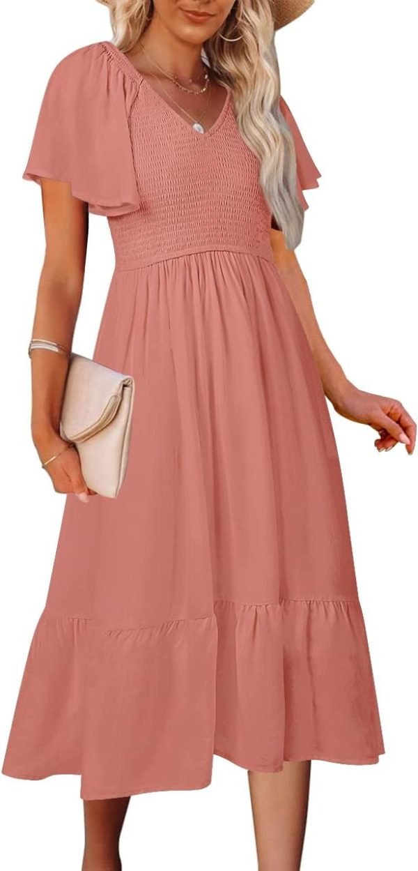 Saonta  Women's Summer Casual V Neck Ruffle Sleeve Smocked High Waist Midi Dress with Pockets