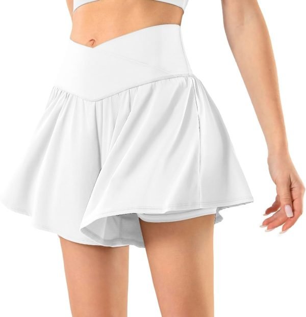 Womens Tennis Skirt with Pockets Crossover High Waisted Athletic Shorts Golf Skorts Flowy Running Workout Shorts