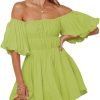 Saonta  Womens Off The Shoulder Summer Dresses 2024 Short Lantern Sleeve Ruffle Elastic Waist A-Line Casual Mini Dress