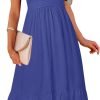 Saonta  Women's Summer Casual V Neck Ruffle Sleeve Smocked High Waist Midi Dress with Pockets