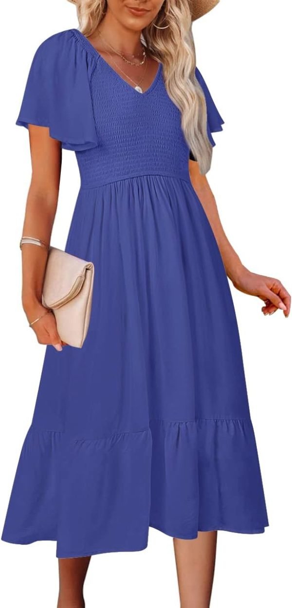 Saonta  Women's Summer Casual V Neck Ruffle Sleeve Smocked High Waist Midi Dress with Pockets