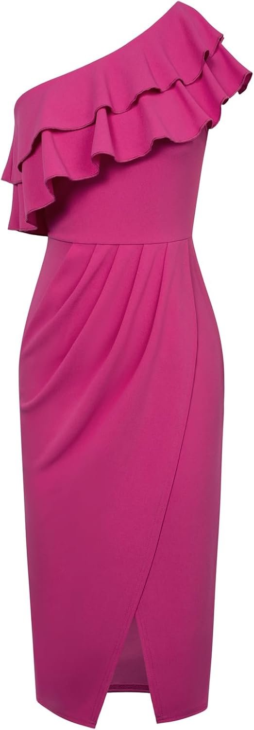 Saonta  KARIN Women's One Shoulder Cocktail Dress Sleeveless Sexy Ruched Bodycon Layered Ruffle Slit Party Midi Dresses