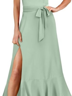 Saonta  Women's Square Neck Ruffle Split Midi Elegant Formal Wedding Guest Cocktail Bridesmaid Graduation Party Dresses 2024