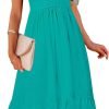 Saonta  Women's Summer Casual V Neck Ruffle Sleeve Smocked High Waist Midi Dress with Pockets